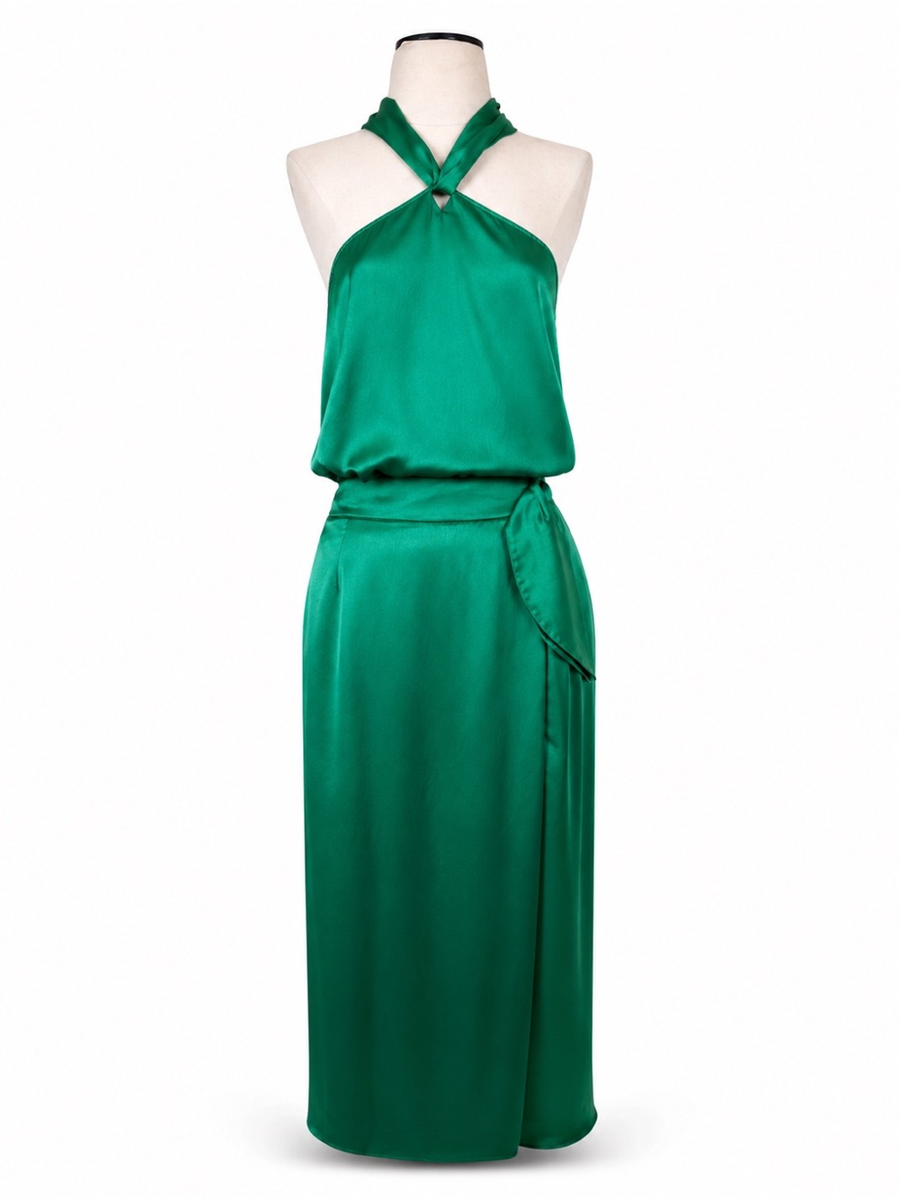 ISOLDA Emerald Green 100% Silk Halter Top Open Back Resort Wedding Guest 10